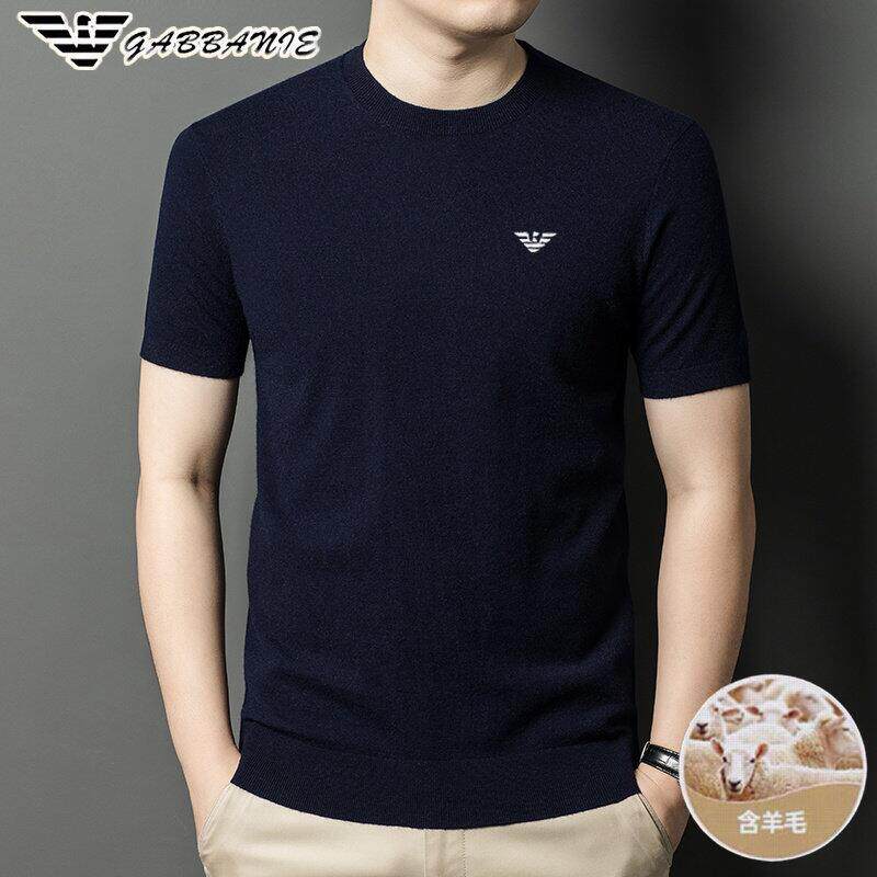 正品意大利短袖羊毛衫男士薄款毛衣半袖圆领纯色春秋季打底针织衫