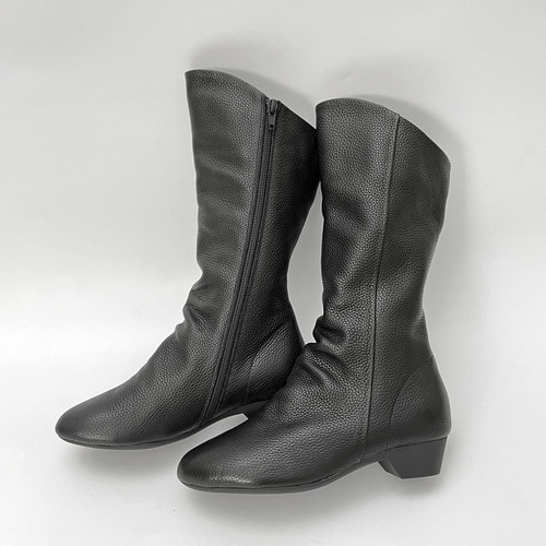 柔软舒适柜雅氏女靴中跟真皮倒靴软皮软底妈妈靴绒牛皮粗跟中筒靴