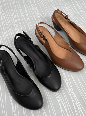 柜雅氏女鞋真皮粗跟包头凉鞋春夏季软底扣带舒适浅口高跟单鞋女