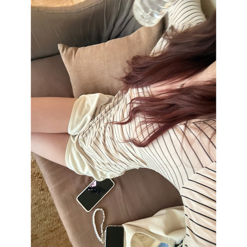EASE ATELIER 松弛fue 燕麦条纹软薄天丝羊毛条纹长袖tee
