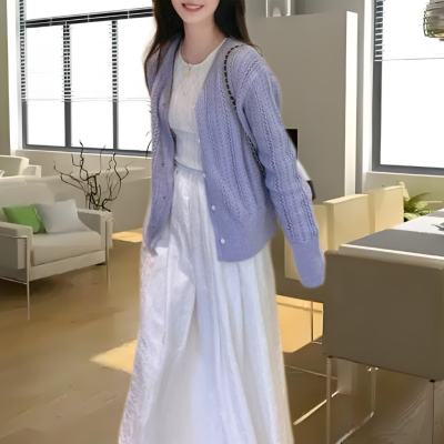 紫色镂空毛衣薄款外套女2025早秋温柔风开衫气质针织衫上衣小个子