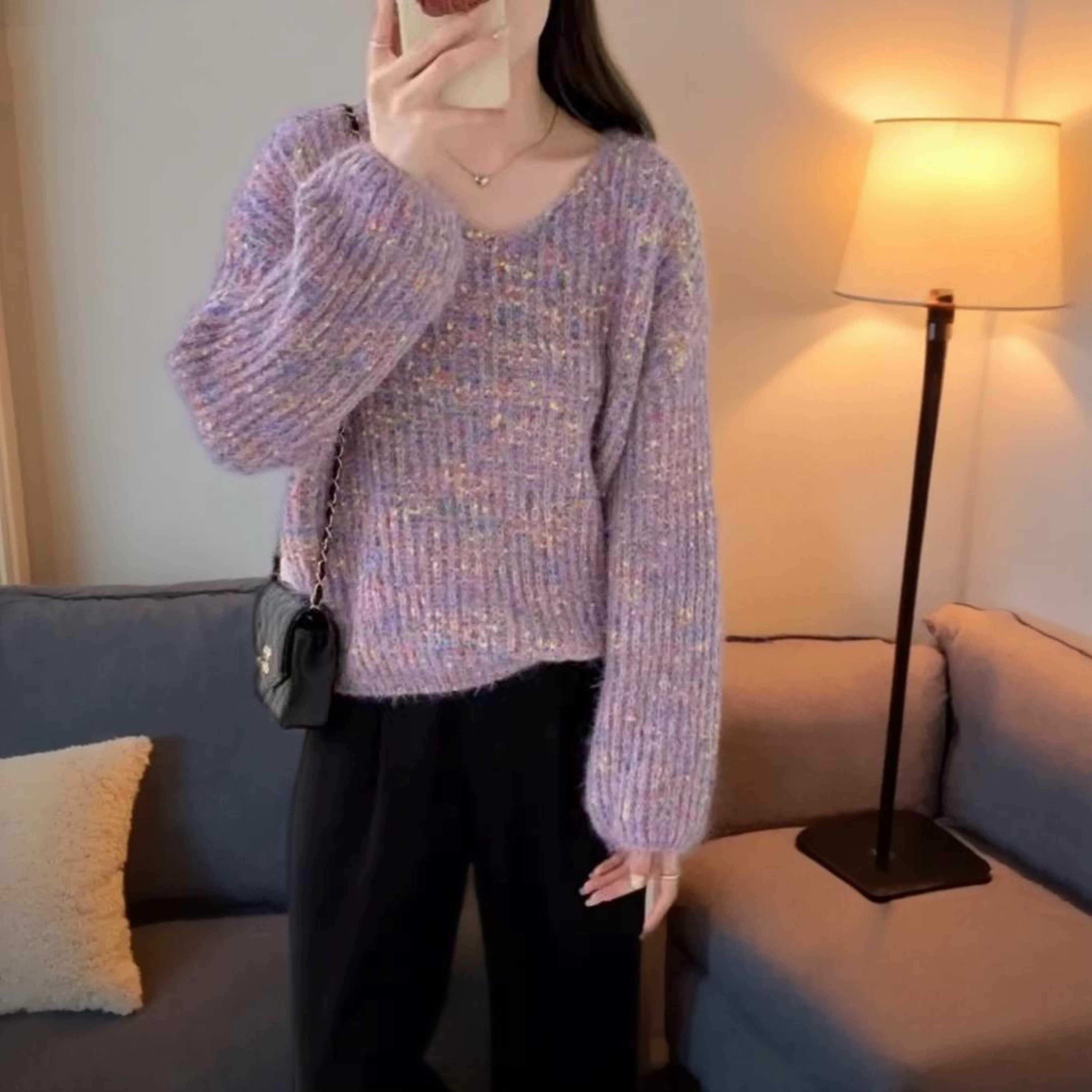 慵懒风高级感彩色点点毛衣女2025春秋V领套头宽松加厚上衣针织衫