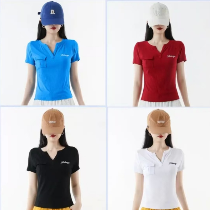 2025新款口袋字母修身显瘦V领短袖上衣运动T恤广场舞运动健身TZM