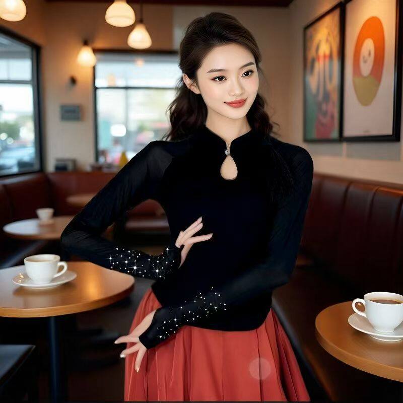 广场舞跳舞服装女长袖套指纱衣立领烫钻时尚百搭透气修身显瘦衣HM
