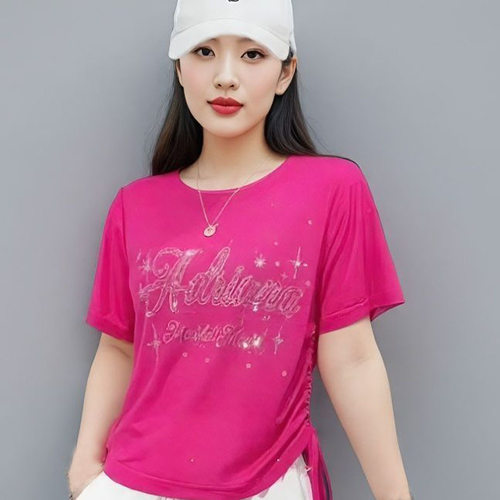 夏季玫红网纱短袖显瘦女上衣