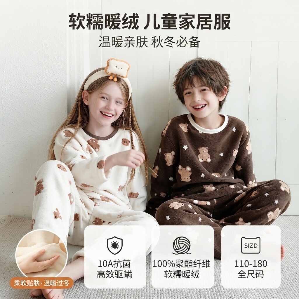 秋冬中大童莎粒绒家居套装睡衣