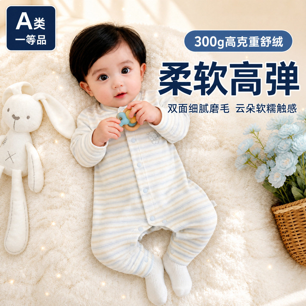 婴儿舒绒棉保暖亲肤长袖连体哈衣