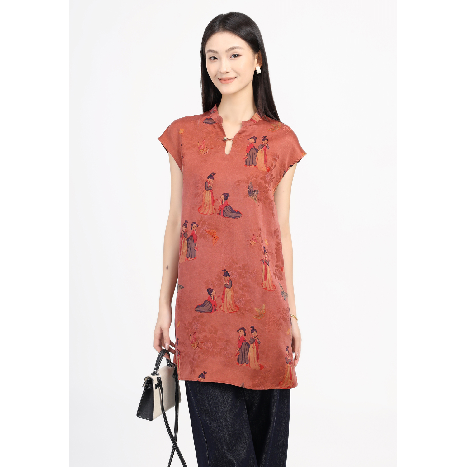 JINYU矜羽【风雅来客-栖心】朱红小人桑蚕丝红云纱长款马甲女