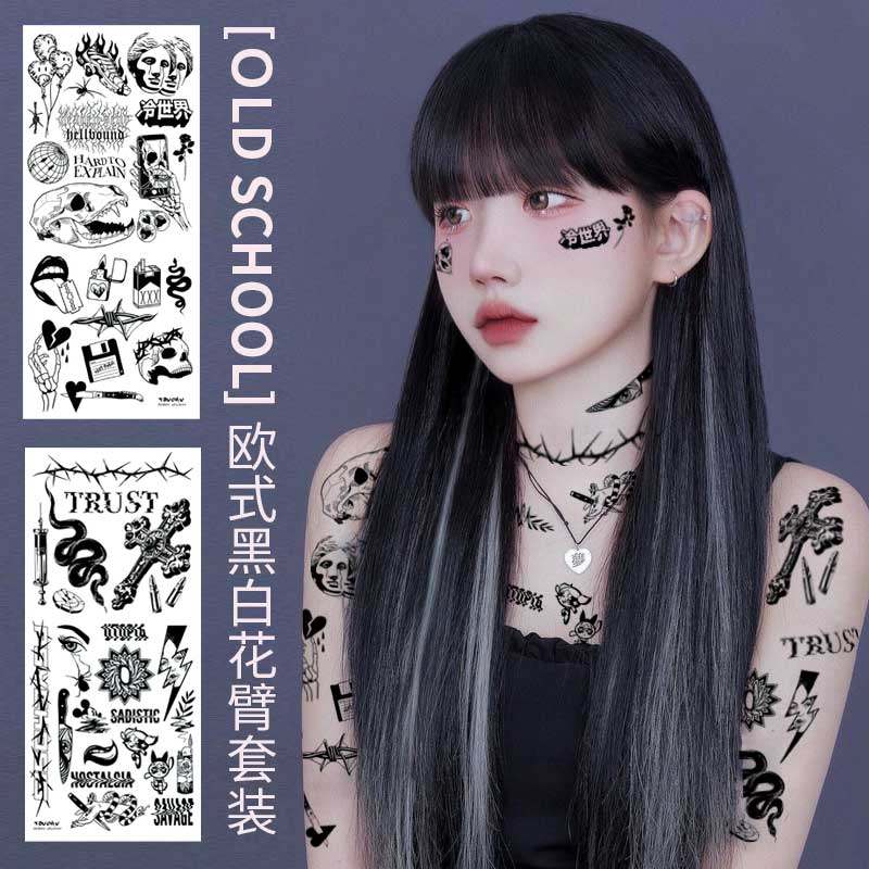 old school黑色欧式风 ins风仿真防水持久花腿花臂纹身贴男女暗黑