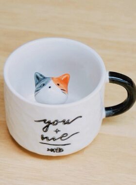 可爱猫咪陶瓷马克杯情侣家用咖啡杯碟套装高颜值女生杯子水杯拿铁