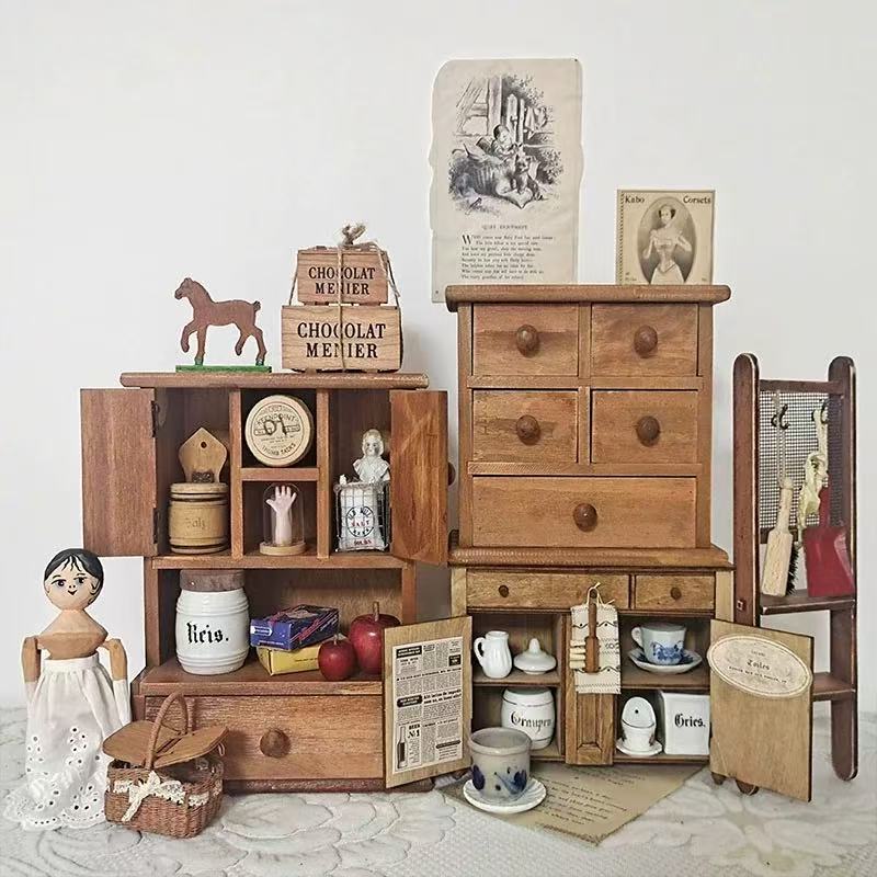 vintage中古娃柜微缩迷你手办玩具娃屋造景展整理摆台收纳柜桌面