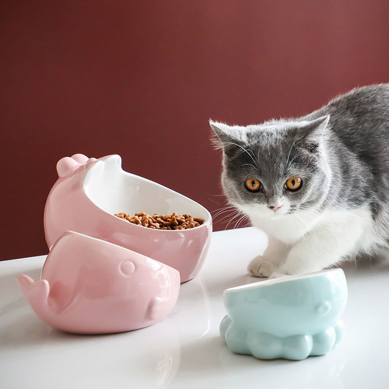 猫碗陶瓷保护颈椎高脚斜口碗加菲猫食盆猫咪用品美短粮碗成猫食碗