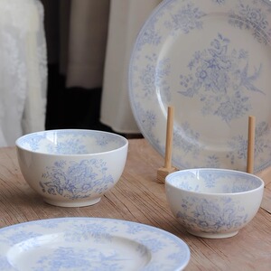 复古蓝系牡丹花碗釉下彩高温陶瓷早餐燕麦碗饭碗汤碗沙拉碗家用碗