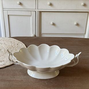 中古法式贝壳形状双耳高脚水果盘摆件复古艺术干果盘客厅茶几玄关