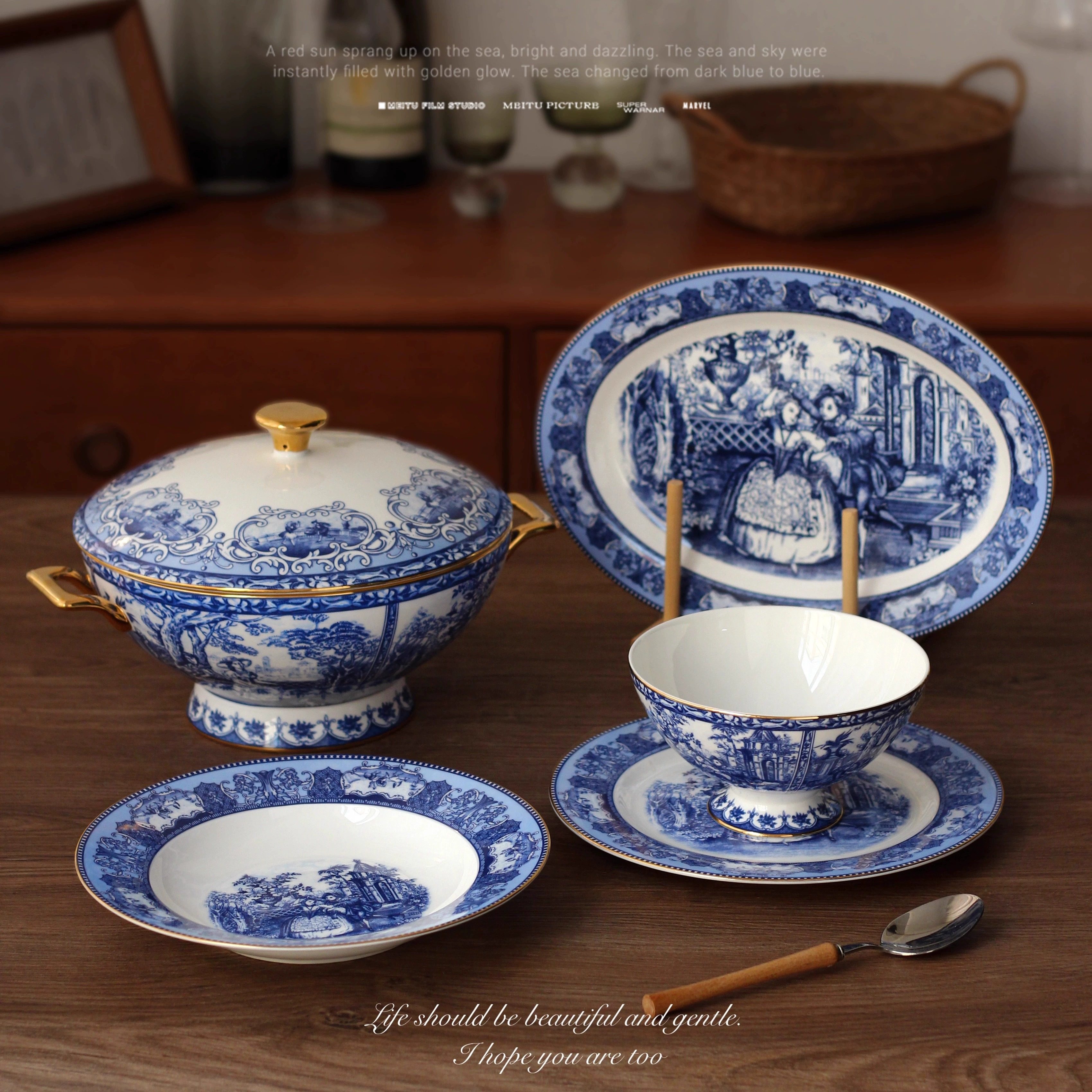 复古宫廷风青花描金系列骨瓷精致餐具轻奢人物咖啡杯下午茶杯碟,餐饮具,碗,淘宝优惠券,粉丝福利购,淘宝优惠卷