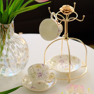 2杯2碟 美国doTERRA多特瑞繁花骨瓷套装 咖啡杯碟 送杯架 礼盒装