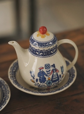 清现货Johnson Brothers英国中古釉下彩心花跳舞男孩女孩陶瓷水壶