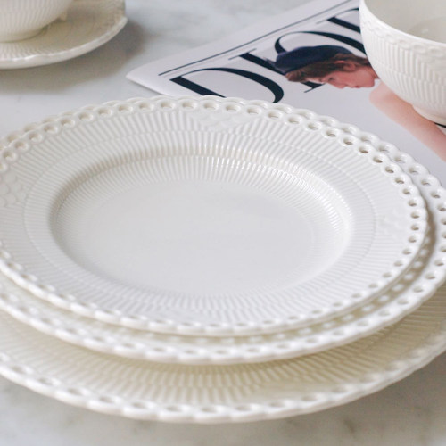 皇家法国外贸镂空白色半蕾丝半花边白瓷餐具碗汤盘子茶壶咖啡杯碟