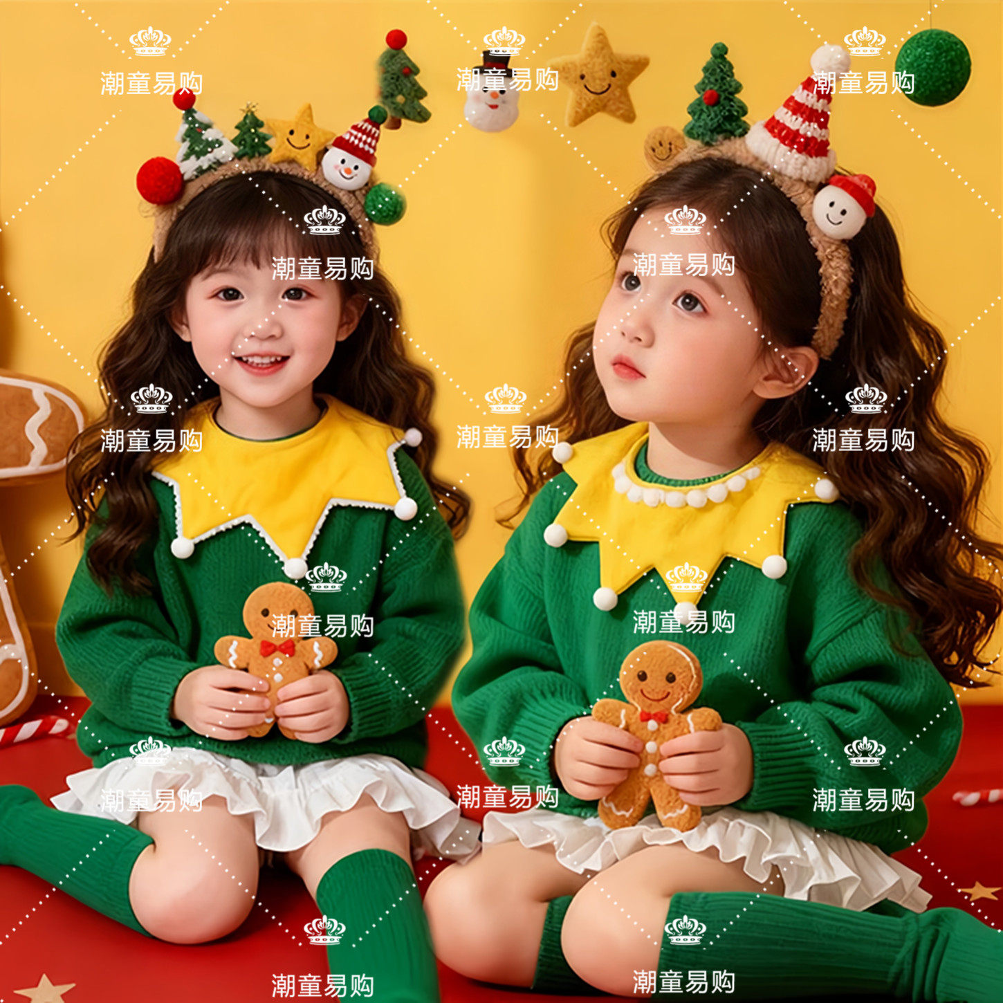 女童新年圣诞风绿色毛衣主题摄影写真个性艺术照潮服儿童演出服装