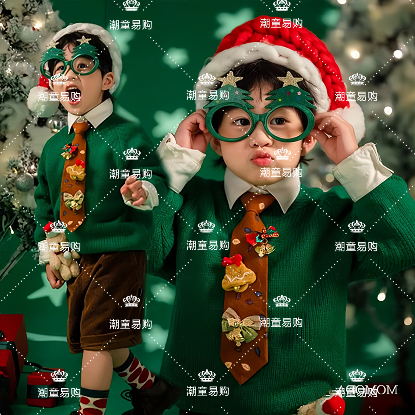 男童新年圣诞绿色毛衣主题写真服