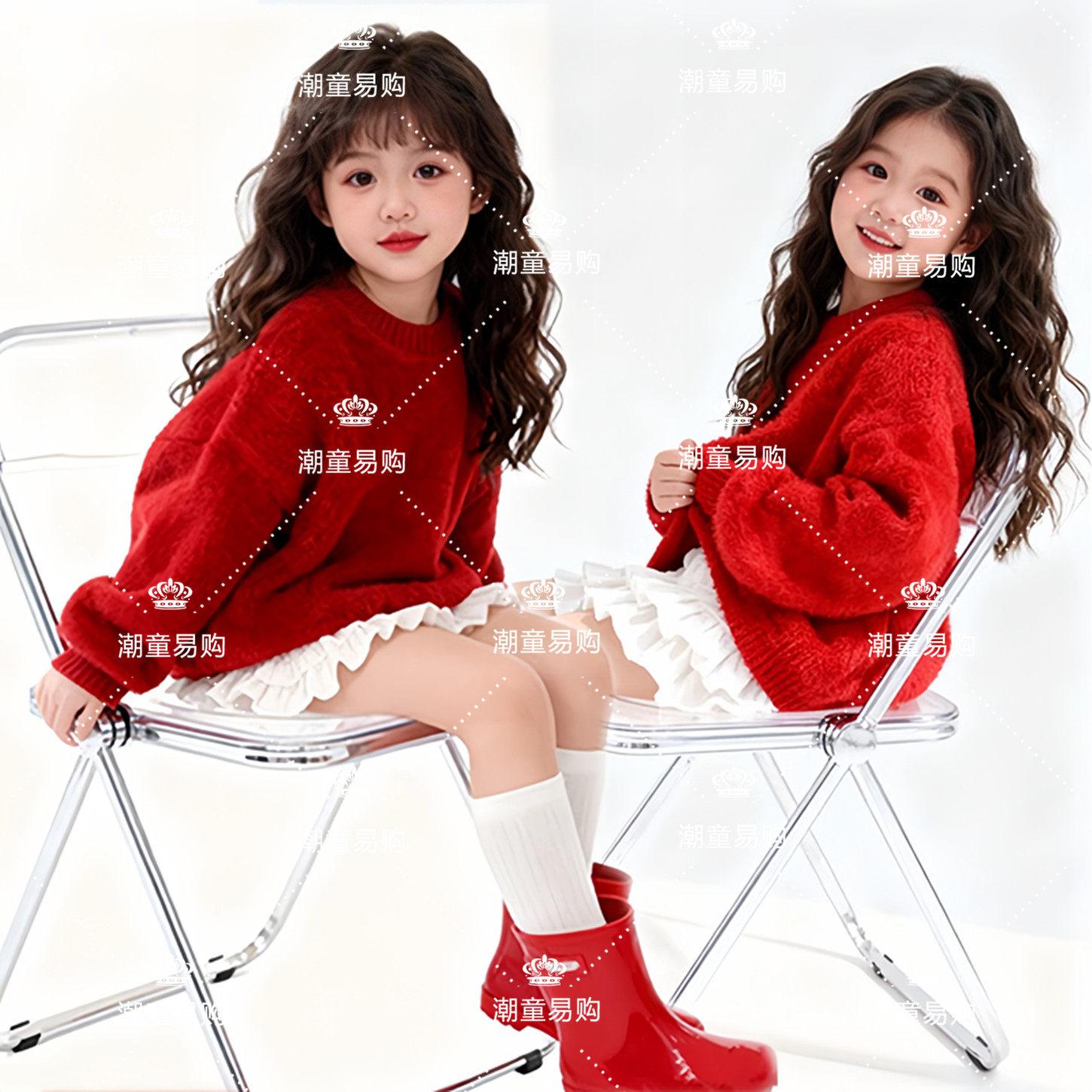 女童新年圣诞红毛衣主题摄影写真