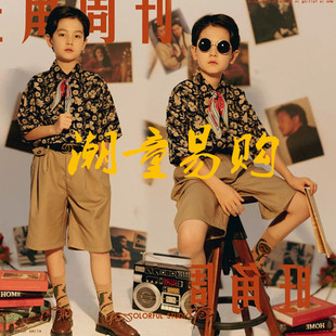 新款80年代时光怀旧复古港风男童摄影写真潮童模卡主题走秀演出服