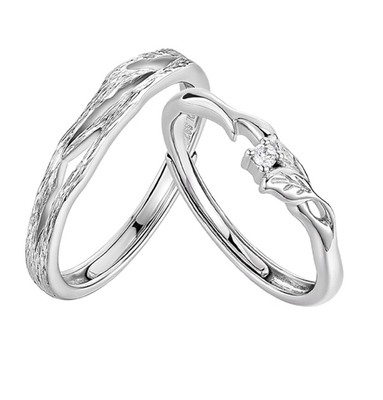 连理枝情侣对戒指纯银镶钻浪漫小众设计开口可调节520情人节礼物