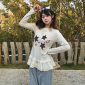 原创假两件印花上衣女早春小个子花边设计感长袖 莓莓巧克力 T恤