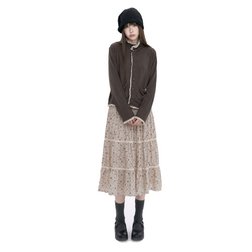娜比 碎花拼接开衫女2026秋新款日韩系复古百搭翻领长袖小衫上衣