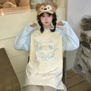 宽松打底T恤 原创可爱印花纯棉上衣小个子插肩长袖 小猫只会发呆