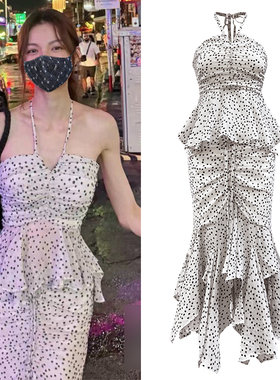 细带挂脖连衣裙女抹胸裙高腰荷叶边包臀裙中裙一步裙性感气质裙子