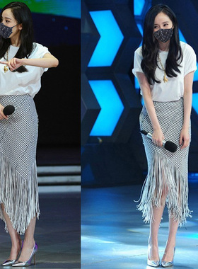 格子半身裙修身明星同款包臀流苏裙春夏季高腰不规则中长款女裙子