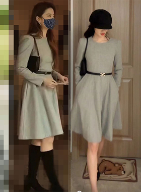 连衣裙女高腰复古A字裙玫瑰故事黄亦玫同款设计感小众长袖裙子