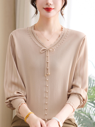 Mom's New Spring Long-Sleeve T-Shirt, Middle-Aged Women's Summer Chiffon Knit Top, Loose Fit, Flattering Base Shirt