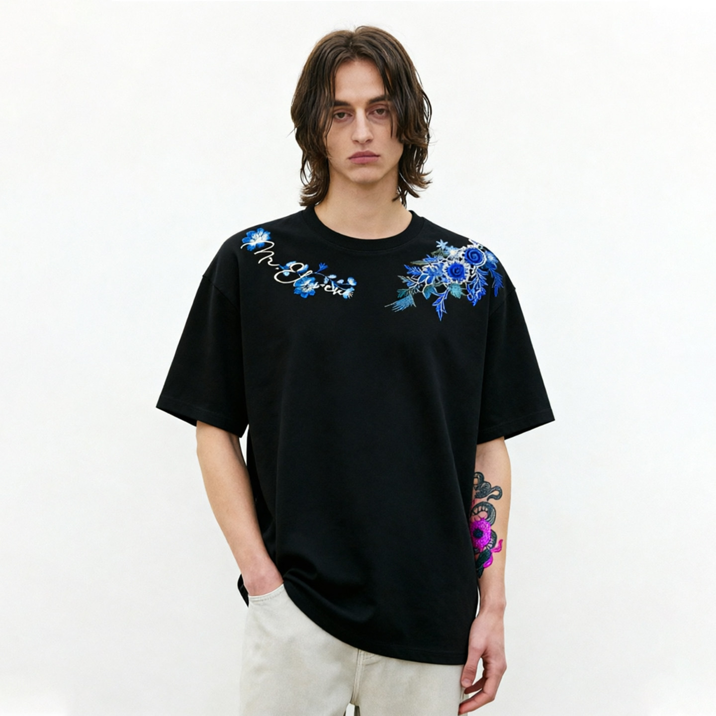 270g双纱美式复古重磅立体刺绣植物花卉短袖男女同款夏季圆领T恤