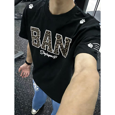 美式复古豹纹刺绣重磅纯棉T恤