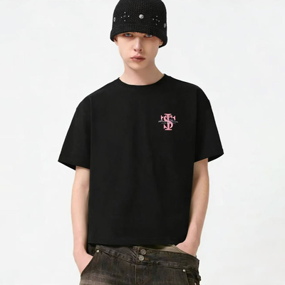 简约黑色刺绣短袖T恤情侣上衣