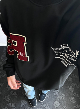 美式复古宽松情侣卫衣男女2025新款圆领重磅刺绣国潮牌套头上衣服