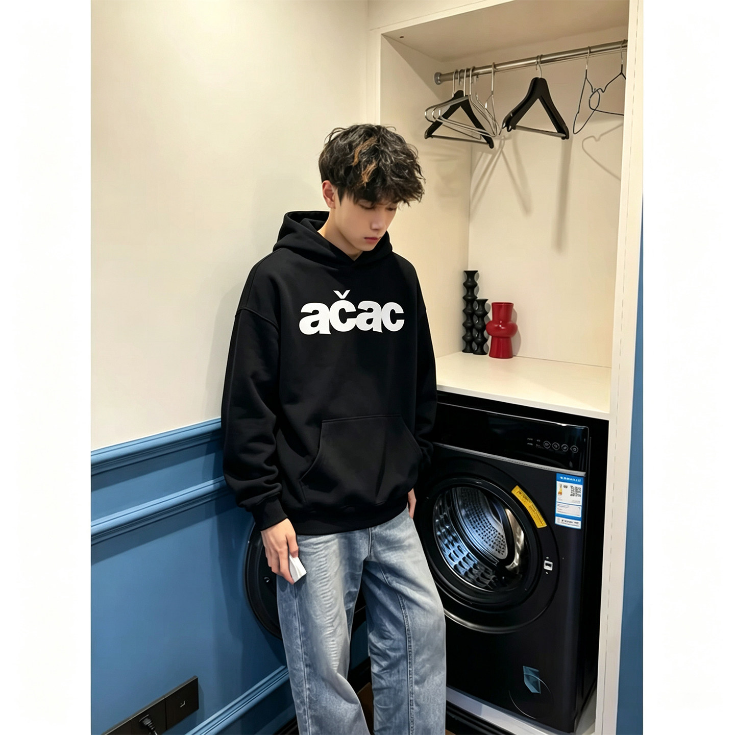 美式街头贴布绣加绒连帽卫衣男