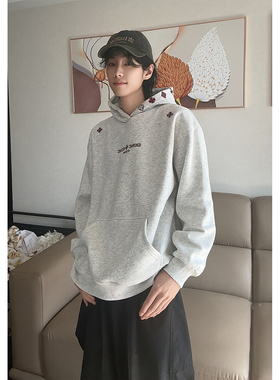 美式街头刺绣复古连帽卫衣男女宽松秋冬加绒潮流百搭情侣上衣外套