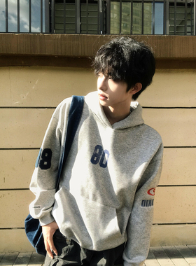 新款美式高街字母刺绣连帽卫衣男秋冬季加绒宽松字母上衣情侣外套