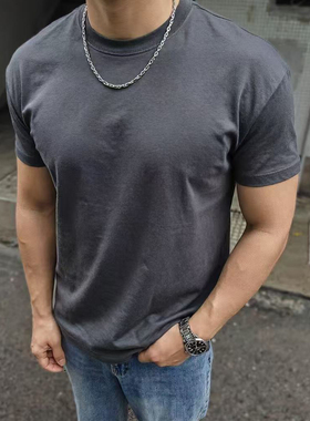 深灰口粮修身T恤索罗娜凉感美式健身纯色短袖T恤男收袖口纯色上衣