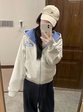 美式高街复古格纹拼接连帽卫衣男女宽松开衫外套学院风百搭情侣装