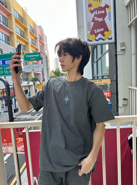 2026新款美式北极星刺绣短袖T恤男女春夏宽松圆领休闲情侣上衣服