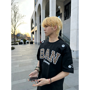 复古豹纹字母刺绣短袖 T恤男女宽松纯棉重磅情侣上衣 美式 2026新款