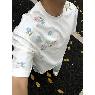 T恤男情侣款 2026新款 美式 街头花卉刺绣短袖 纯棉 宽松圆领上衣夏季