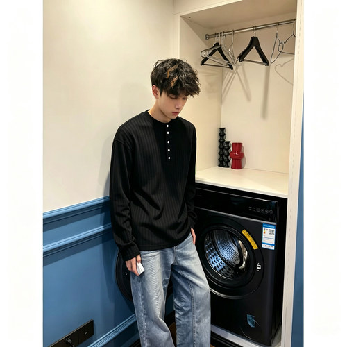 老钱风肌理长袖T恤男款打底衫