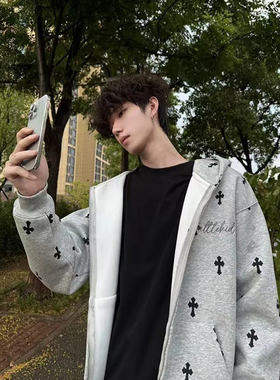 美式高街复古字母刺绣连帽卫衣男女同款秋冬新款宽松百搭开衫外套