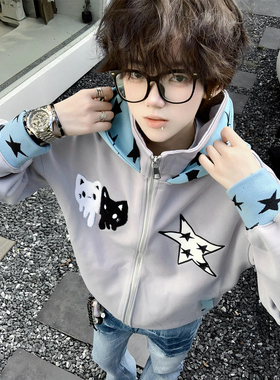 美式重磅高街刺绣连帽卫衣男秋冬季加绒双拉链外套潮流开衫情侣装