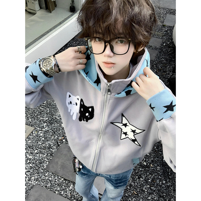 刺绣连帽卫衣双拉链外套